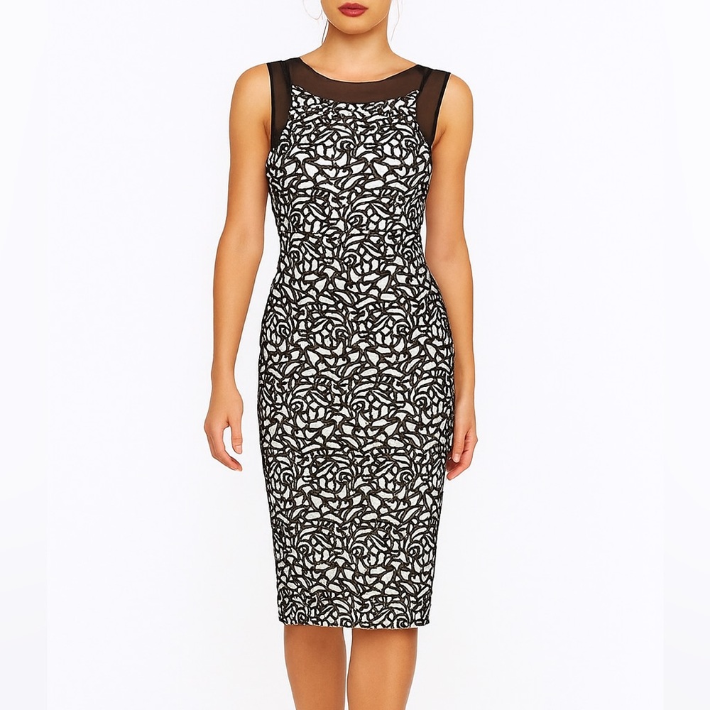 Badgley Mischka Jacquard Black and White Floral Lace Midi Dress Size 10 NWT